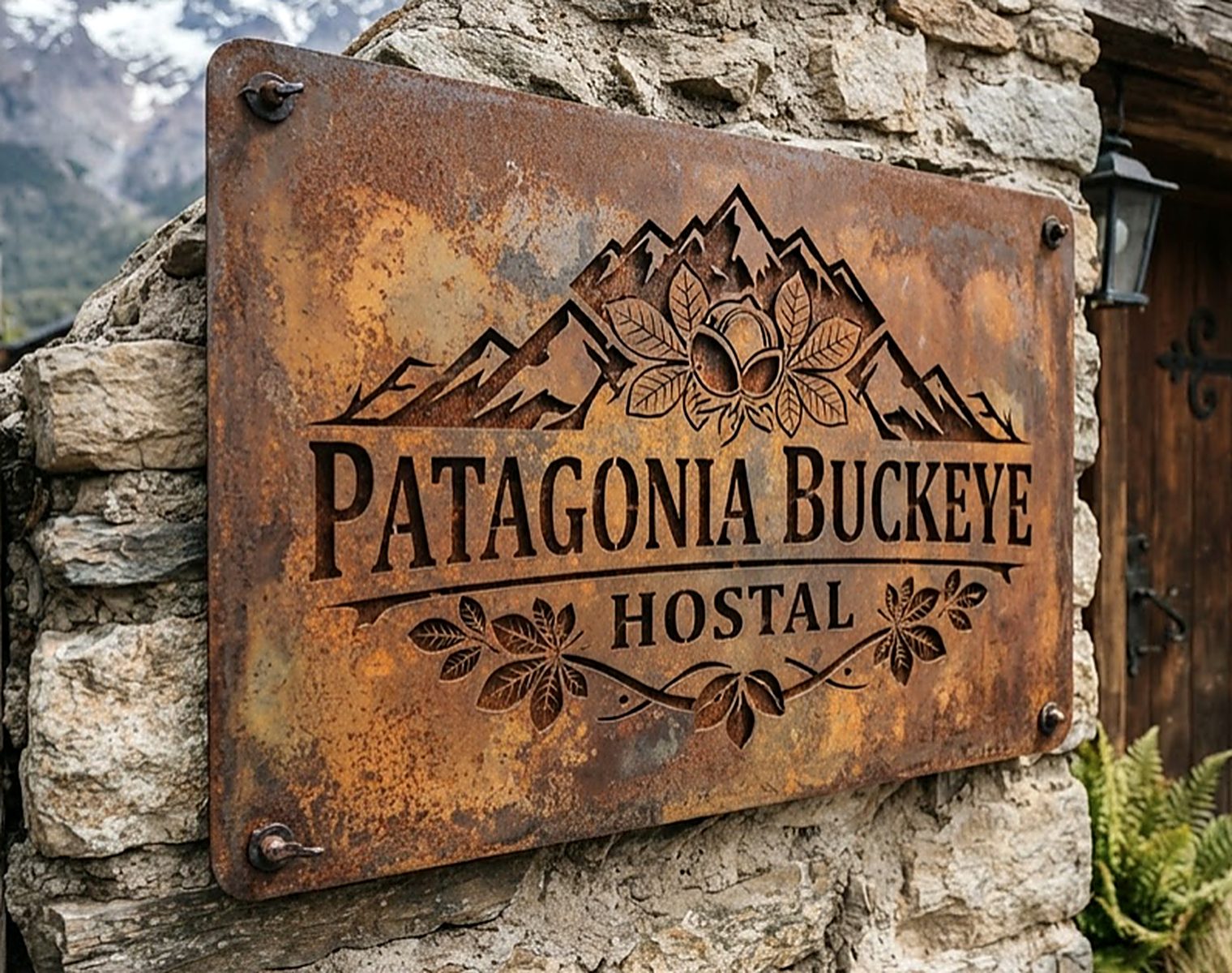 Letrero de metal oxidado de Patagonia Buckeye Hostal
